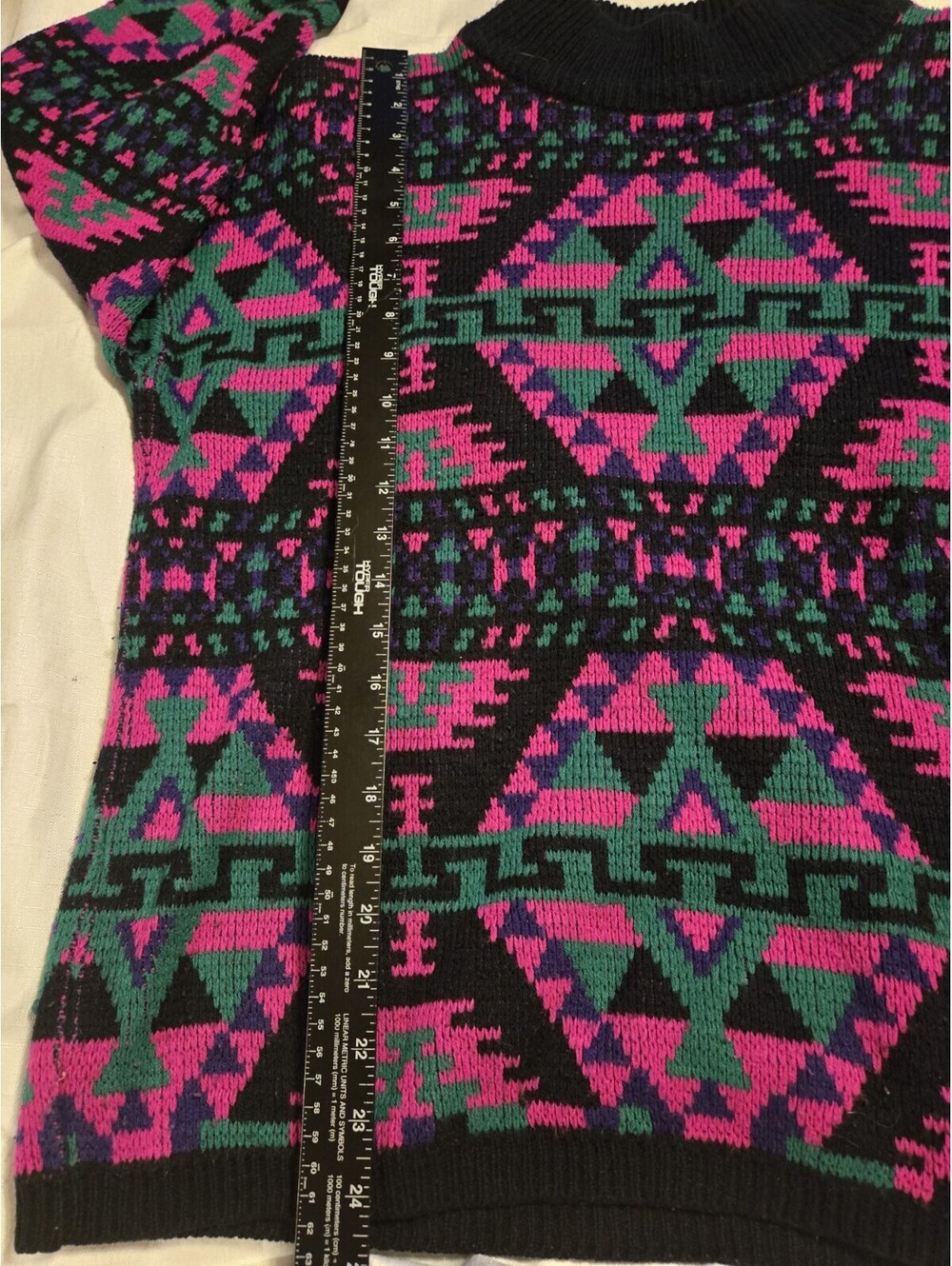 Vintage 90s Jamie Scott Geometric Pattern Knit Sweater Pink Green Acrylic S 80s - Picture 5 of 7
